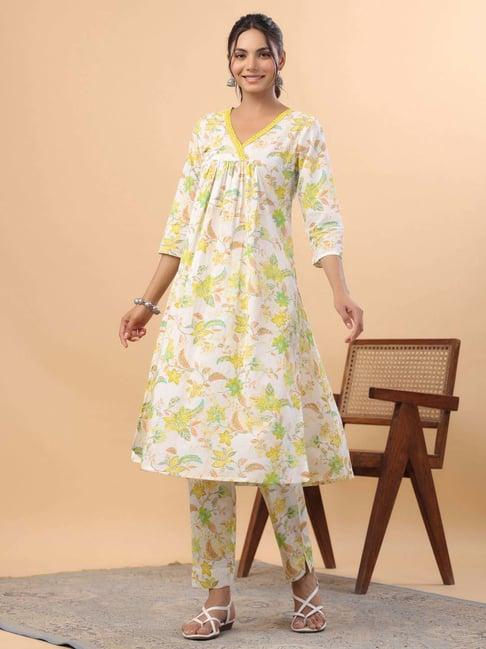 janasya white cotton floral print kurta & pant set