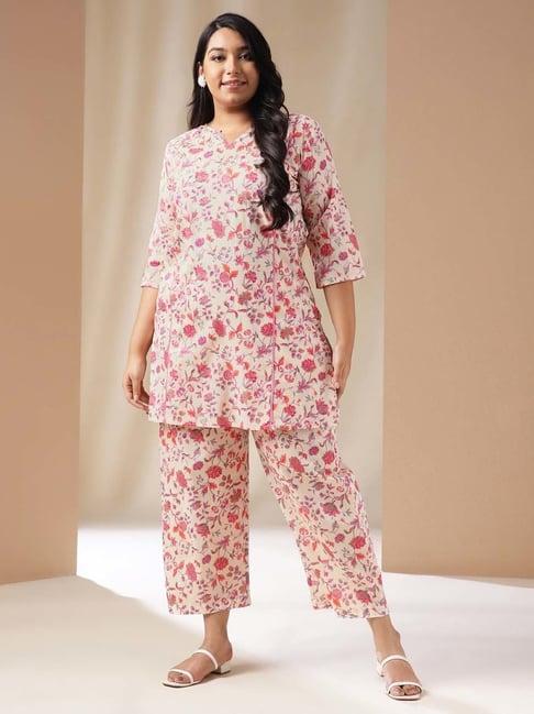 janasya white cotton floral print kurti pant set