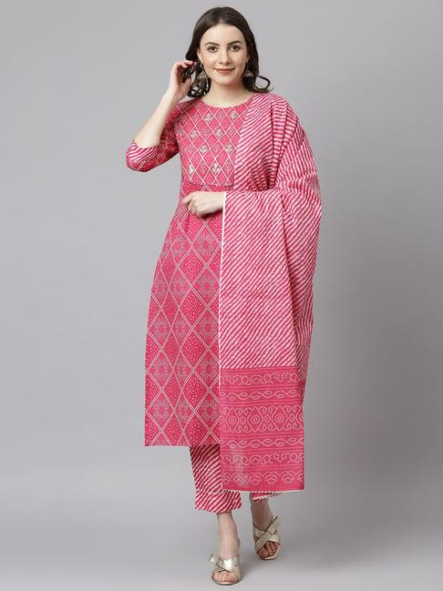 janasya women's bandhani 3/4 sleeve pink cotton straight kurta with pink partially elasticated cotton pant