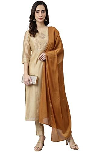 janasya women's beige chanderi silk solid kurta with pant and dupatta