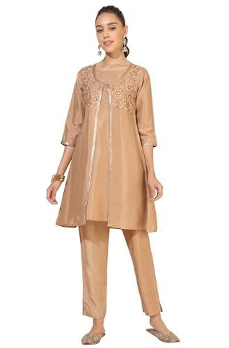 janasya women's beige crepe silk embellished jacket style kurta with pant(set873-kr-np-l)