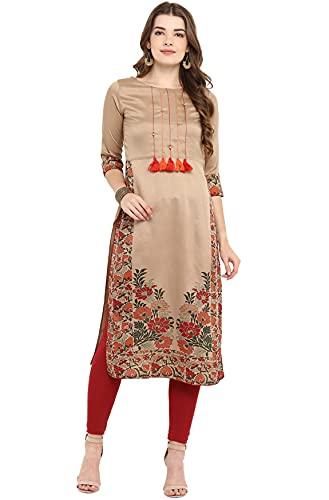 janasya women's beige poly silk floral print straight kurta(jne2305-kr-533-xxl)