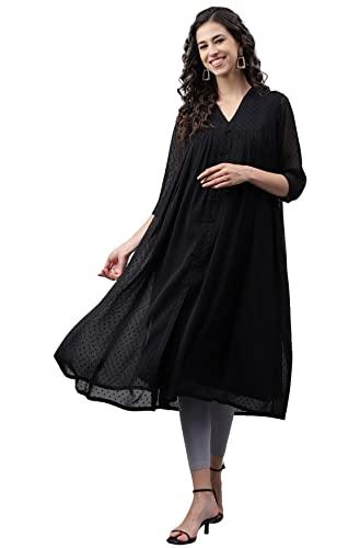 janasya women's black dobby chiffon self design empire kurta(jne4158-kr-l)