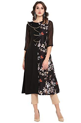 janasya women's black poly crepe ruffle kurta (jne3369-kr-xs)