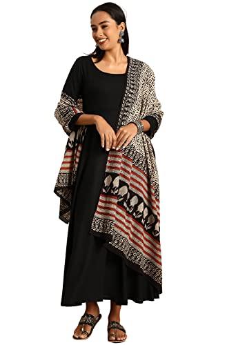 janasya women's black rayon kurta with dupatta(black_xx-large)