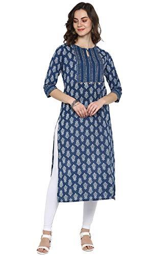 janasya women's blue pure cotton block print straight kurta (j0096_xxx-large)