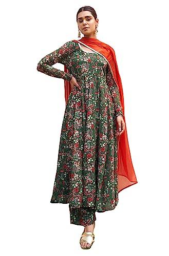 janasya women's bottle green georgette digital floral printed kurta with palazzo and dupatta(set821-kr-pp-r-4xl)