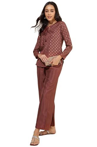 janasya women's brown crepe silk foil printed co-ord set (set848-tp-pp-m)