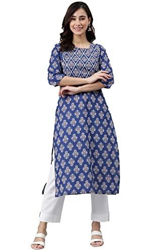 janasya women's cotton straight kurta (jne3806-kr_blue_xxx-large)