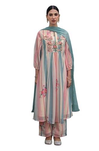 janasya women's cream georgette floral embroidered a-line kurta set(jaa24st00037-xs)