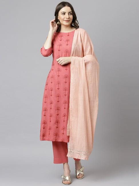 janasya women's embroidered 3/4 sleeve pink rayon slub straight kurta with pink partially elasticated rayon pant