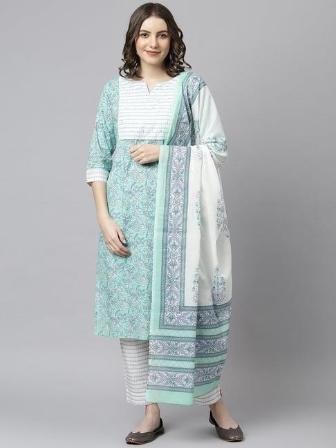 janasya women's floral print 3/4 sleeve sea green cotton straight kurta with white partially elasticated cotton pant