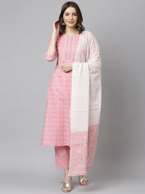 janasya women's gold print 3/4 sleeve light pink cotton straight kurta with light pink partially elasticated cotton pant