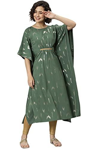 janasya women's green poly crepe geometric print kaftan kurta