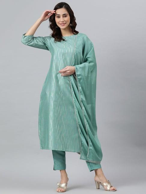 janasya women's green poly silk kurta with pant and dupatta