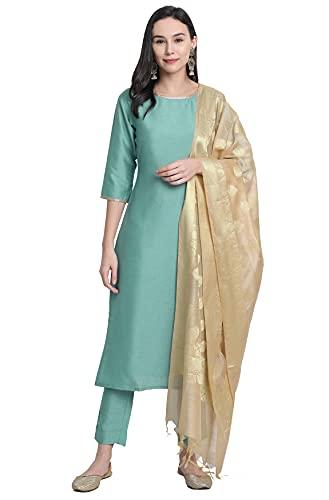 janasya women's green poly silk solid kurta with pant and dupatta