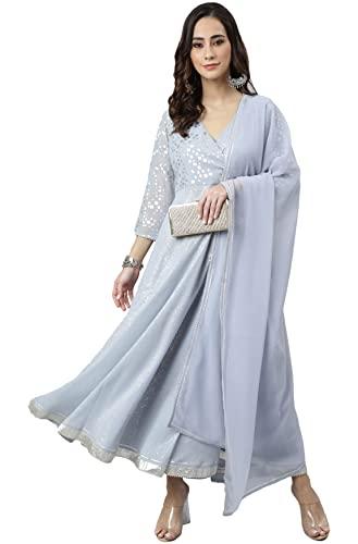 janasya women's grey georgette foil print kurta with dupatta(set451-kr-dpt-xxl)