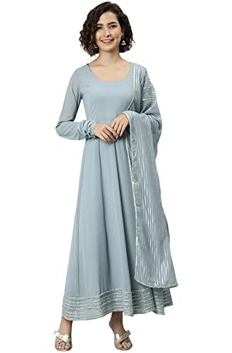 janasya women's grey poly georgette solid kurta with dupatta(set304-kr-dpt-m)