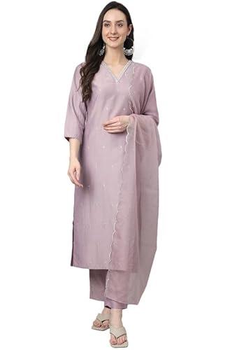 janasya women's lavender chinon embellished kurta with pant and dupatta(set566-kr-np-xs)