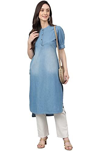 janasya women's light blue denim solid high low kurta(jne4079-kr-xxxl)