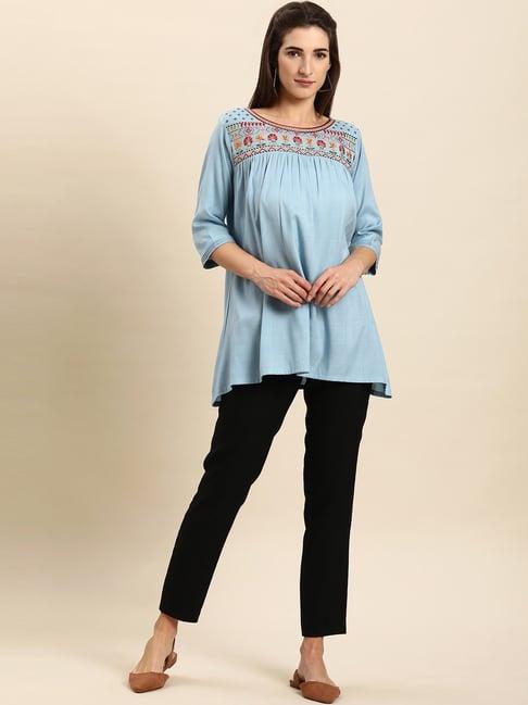 janasya women's light blue rayon slub tunic