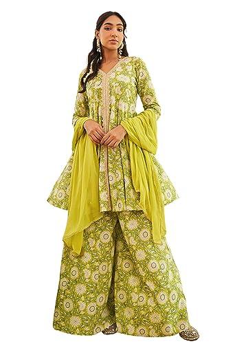 janasya women's lime green cotton floral printed kurta with palazzo and dupatta(set788-kr-pp-xl)