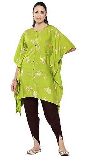 janasya women's lime green rayon foil printed kaftan kaftan kurta with tulip pant(set614-kr-tl-m)