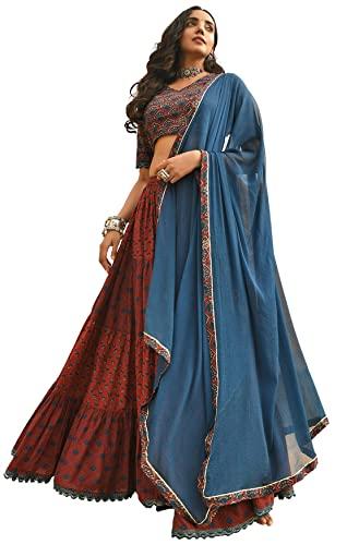 janasya women's maroon cotton block print lehenga choli with dupatta(j0484-lcd-m)