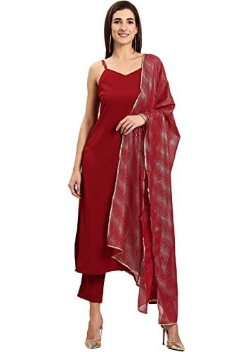 janasya women's maroon poly crepe kurta with pant and dupatta (set340_m)