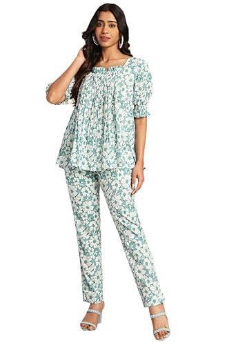 janasya women's mint cotton floral a-line co-ord set(set946-co-ord-n-xs)