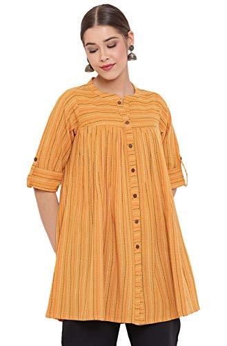 janasya women's mustard cotton woven design gathered tunic(j0119-tp-m)