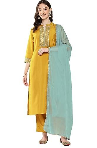 janasya women's mustard crepe silk embroidered kurta with pant and dupatta(set685-kr-np-xxl)