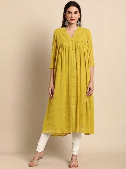 janasya women's mustard poly chiffon self design frontslit kurta