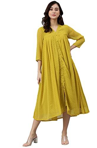 janasya women's mustard poly chiffon self design frontslit kurta