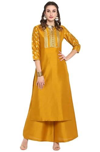 janasya women's mustard silk blend foil printed kurta with palazzo(j0003-set-xxxl-j)