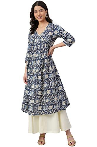 janasya women's navy blue cotton floral print flared kurta