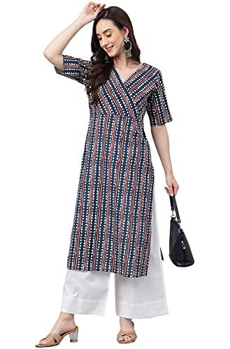 janasya women's navy blue cotton geometric straight kurta(jne4016-kr-xs)