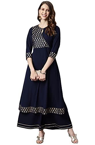 janasya women's navy blue poly crepe ethnic motifs flared kurta