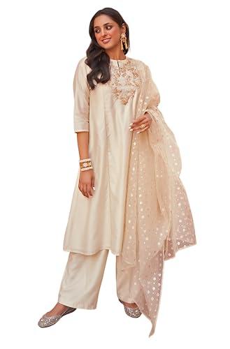 janasya women's off white chanderi yoke embroidery kurta with palazzo and dupatta(set807-kr-pp-xs)