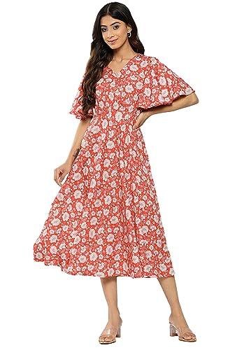 janasya women's orange crepe digital printed flared dress(jne4197-dr-m)