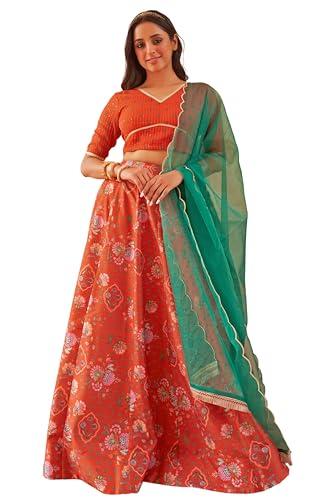 janasya women's orange crepe silk digital floral printed lehenga choli with dupatta(set809-lcd-5xl)