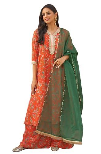 janasya women's orange georgette botanical printed kurta with palazzo and dupatta(set818-kr-pp-a-m)