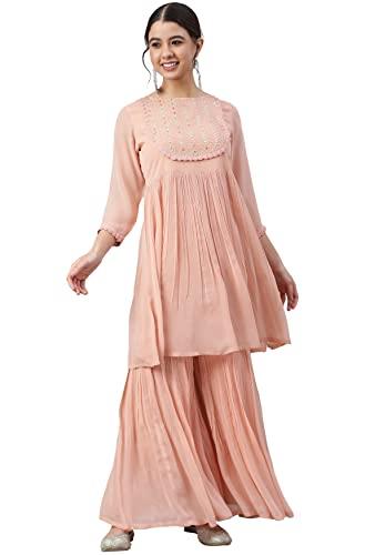 janasya women's peach georgette thread work kurta with sharara(set444-kr-sh-xl)