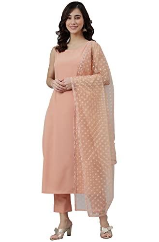 janasya women's peach poly crepe solid kurta with pant and dupatta(set392-kr-np-s)