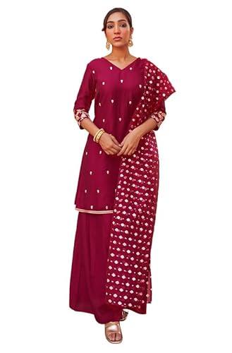 janasya women's pink chanderi embellished kurta with palazzo and dupatta(set804-kr-pp-xs)