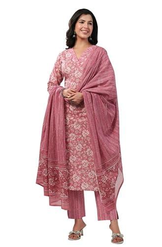 janasya women's pink cotton floral print straight kurta set(jaa24st00194-m)