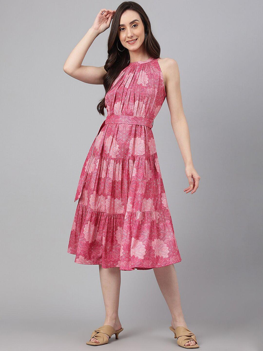 janasya women's pink crepe digital print tiered western dress