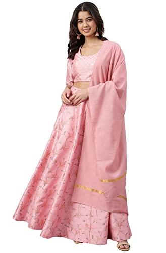 janasya women's pink poly silk gold print lehenga choli with dupatta (j0423-lcd-s)