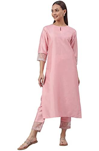 janasya women's pink poly silk solid kurta with pant(set357-kr-np-m)