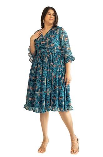 janasya women's plus size blue dobby georgette ikat printed flared dress (pjne4336-dr-n-6xl)